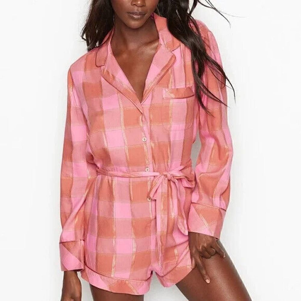 NEW! Victoria's Secret Flannel Tie Romper Rose pink Plaid Pajama lounge Medium